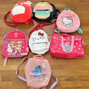 Lot of 7 Girls Backpacks: Disney Stitch, Hello Kitty, Paw Patrol, Squishmallows